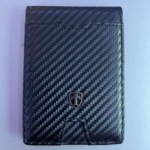 Travando Men's Slim Black Carbon Leather Wallet with Money Clip